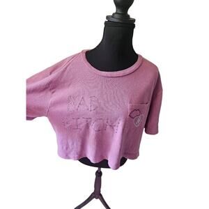 Pink Cropped GAP Tee Rhinestone “BAD BXTCH” & Heart Pocket Y2K Baddie Vibes M/L